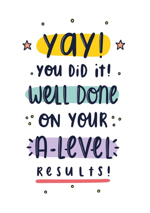 A-Level Exam results card created by Joanne Hawker