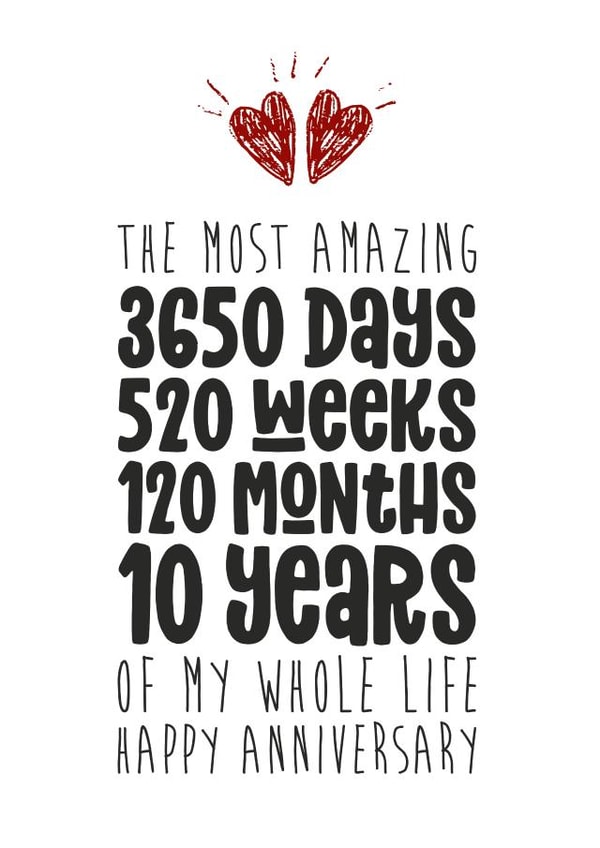Cute Typography Anniversary Card - 10th Anniversary - Countdown - The Most Amazing 3650 Days created by Waffle & Faff