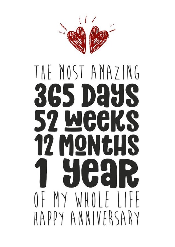 Cute 1 Year Anniversary Card - The Most Amazing 365 Days 52 Weeks 12 Months 1 Year Of My Whole Life created by Waffle & Faff