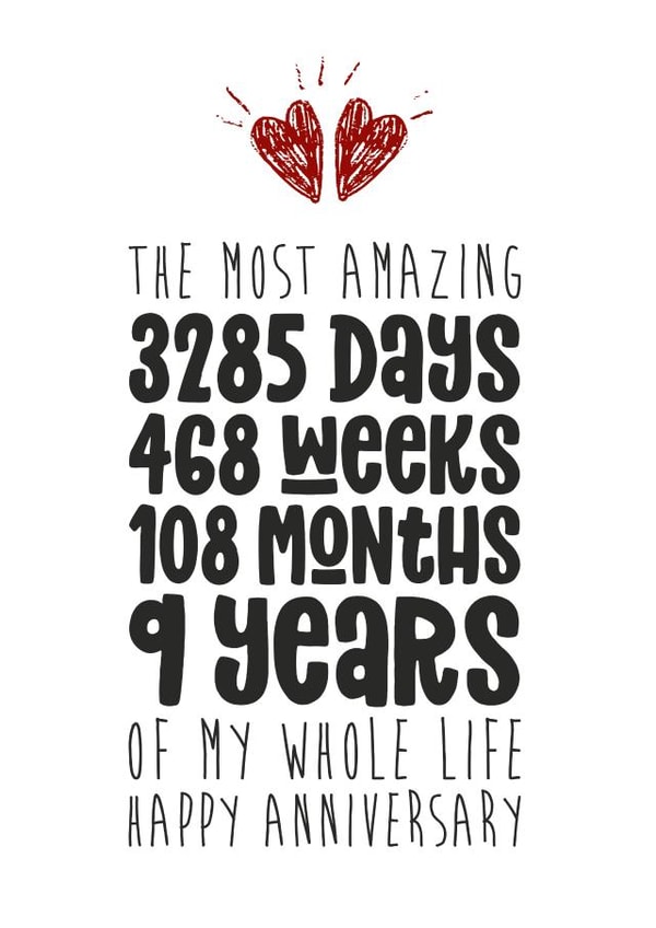 Cute Typography Anniversary Card - 9 Years - The Most Amazing 9 Years Of My Whole Life created by Waffle & Faff