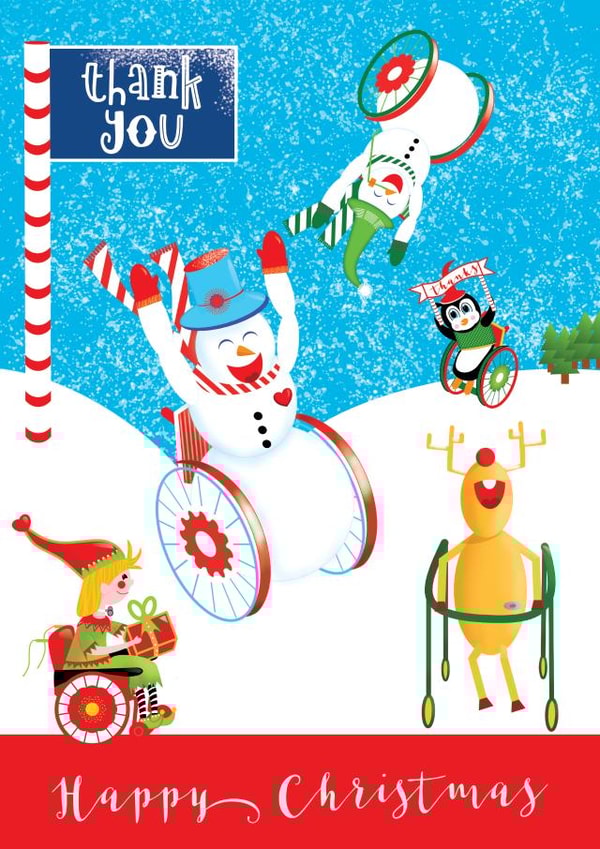 Fun wheelchair snowman Christmas thank you greeting card from a person with special needs, or additional needs. created by Milport Studios