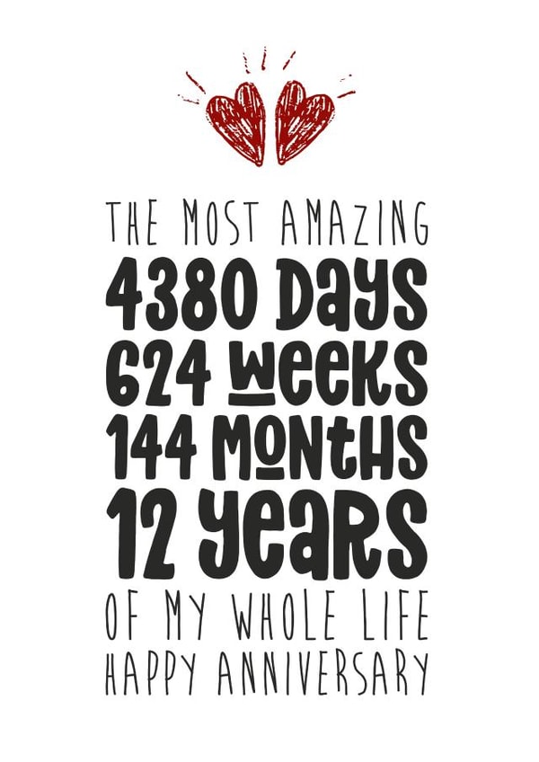 Cute Typography Anniversary Card - 12 Years - The Most Amazing 4380 Days, 624 Weeks, 144 Months, 12 Years Of My Whole Life created by Waffle & Faff
