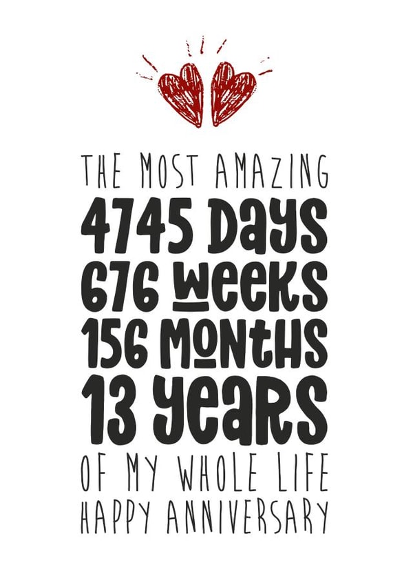 Cute Countdown Typography Anniversary Card - 13 Years - The Most Amazing 4745 Days Of My Whole Life created by Waffle & Faff