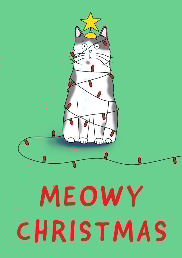 Cat Tree - Meowy Christmas - Catmas - Cute - Funny - Modern - Christmas Lights - Star on Top - Furry Friends - Christmas Card created by Embers and Ink