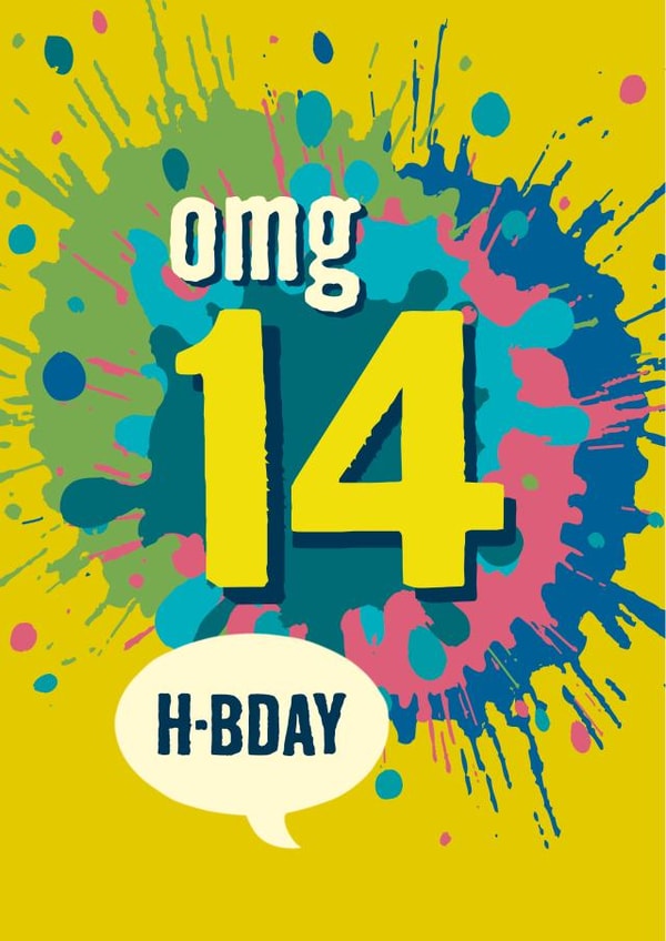 Colourful 14th birthday card for teenage boys and girls created by The Typecast Gallery