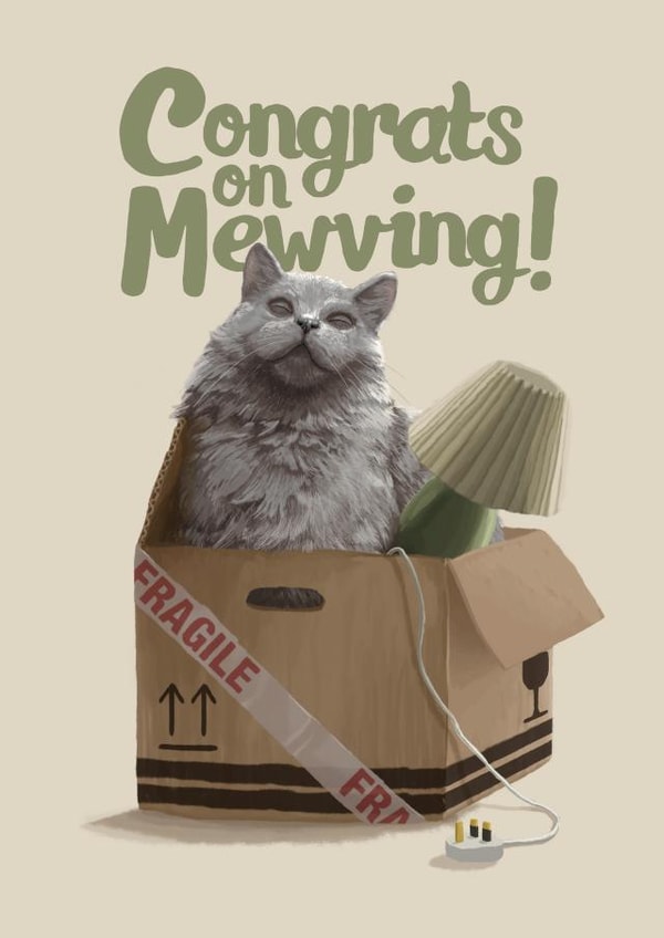 Funny Cat Pun New Home Card - Cat In A Box - Congrats On Mewving! created by Fasanian Artistry