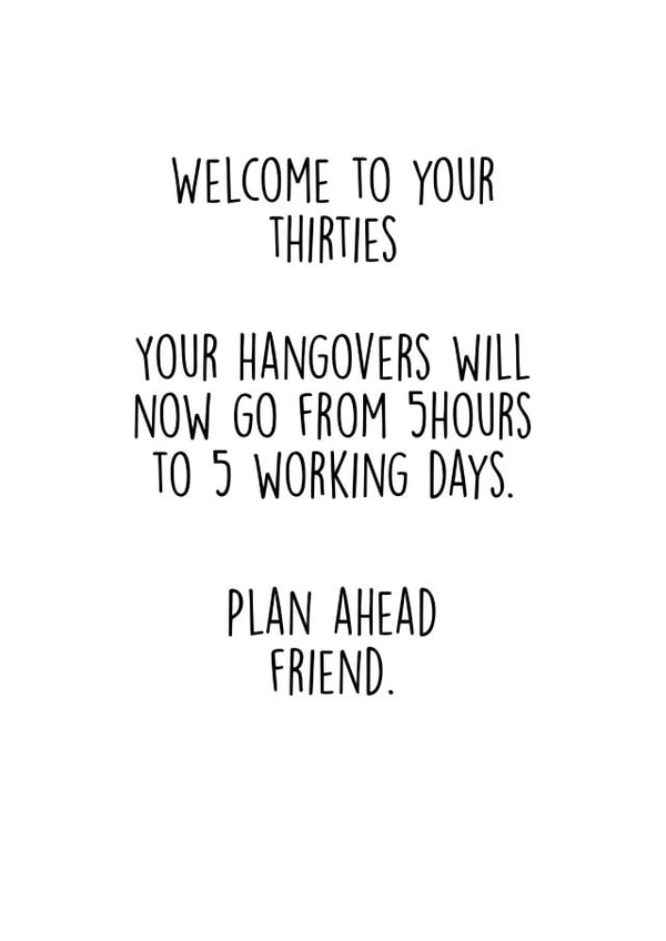 Hangovers in your thirties 30th birthday card created by Akeechi Design