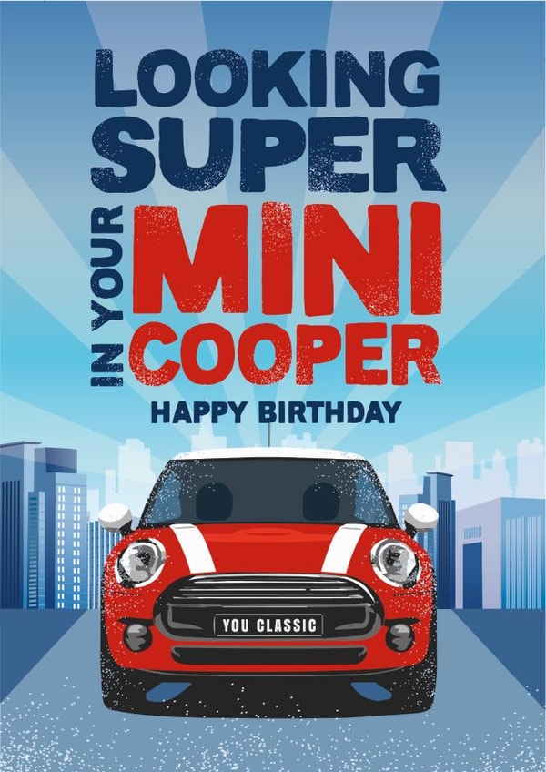 Birthday card for the classic Mini Cooper car enthusiast created by The Typecast Gallery