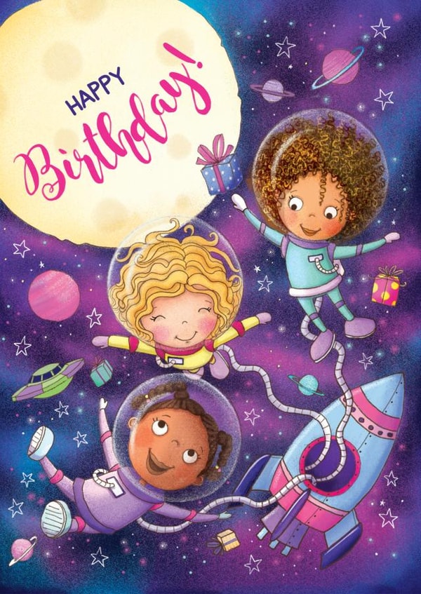 Space Adventure Birthday Card for Girls – Cute Astronaut Theme with Rockets and Planets created by Karmuka