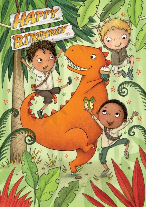 Dinosaur Jungle Birthday Card for Kids – Fun Adventure with T-Rex and Explorers created by Karmuka