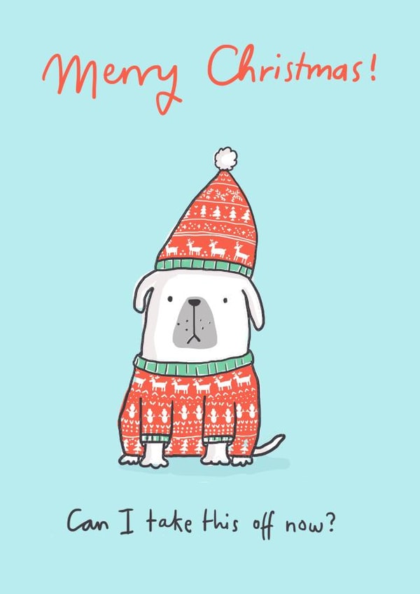 Dog in Christmas Outfit - Dog - From the Dog - Dog - Funny - Modern - Can I Take This Off Now - Christmas card created by Sarah Ray