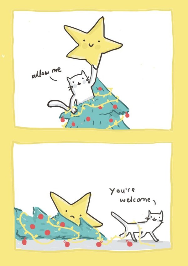 Funny cat Christmas card - sarcastic cat pulling down Christmas tree - Allow me created by Sarah Ray