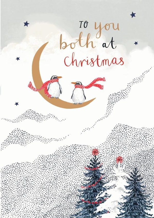 Romantic - Cute - Pretty - Snowy Mountain - Penguins - Moon - Stars - To You Both At Christmas - Christmas Card created by Louise Tiler