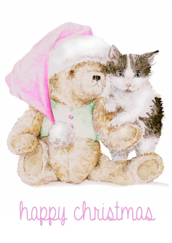Teddy Bear and Kitten Happy Christmas Illustration Card created by Wandering Laur