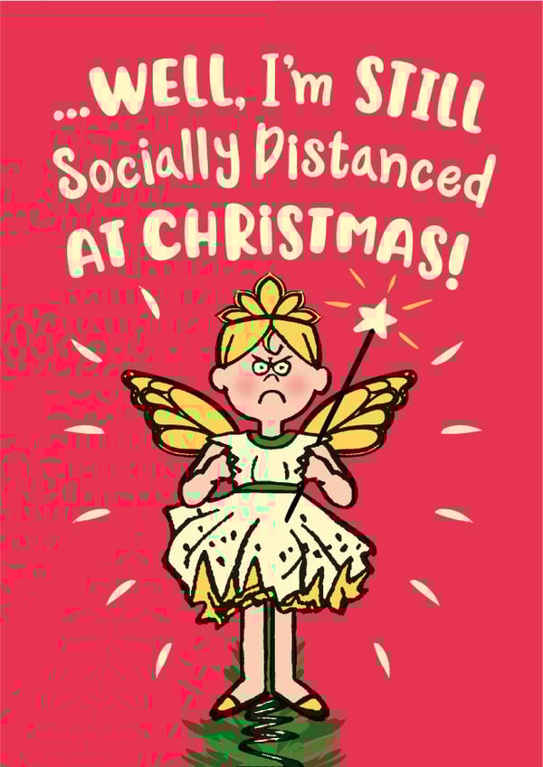 Funny socially distanced Christmas fairy on top of the tree Christmas card created by The Typecast Gallery