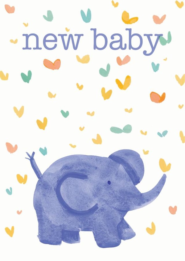 Gender Neutral New Baby card - cute baby elephant created by Jo Brown