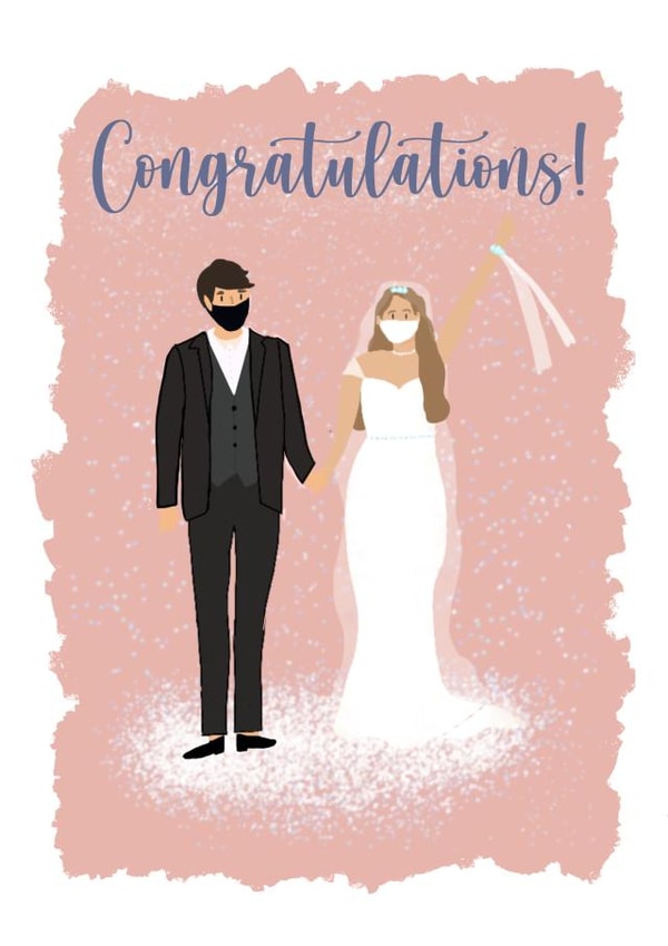 Quarantine wedding mask congratulations card created by Coffee Cup Studio
