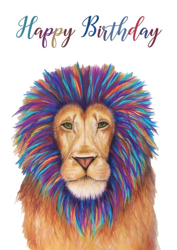Arty Birthday Card - Lion - Hand Drawn - Colours created by Arty Sally