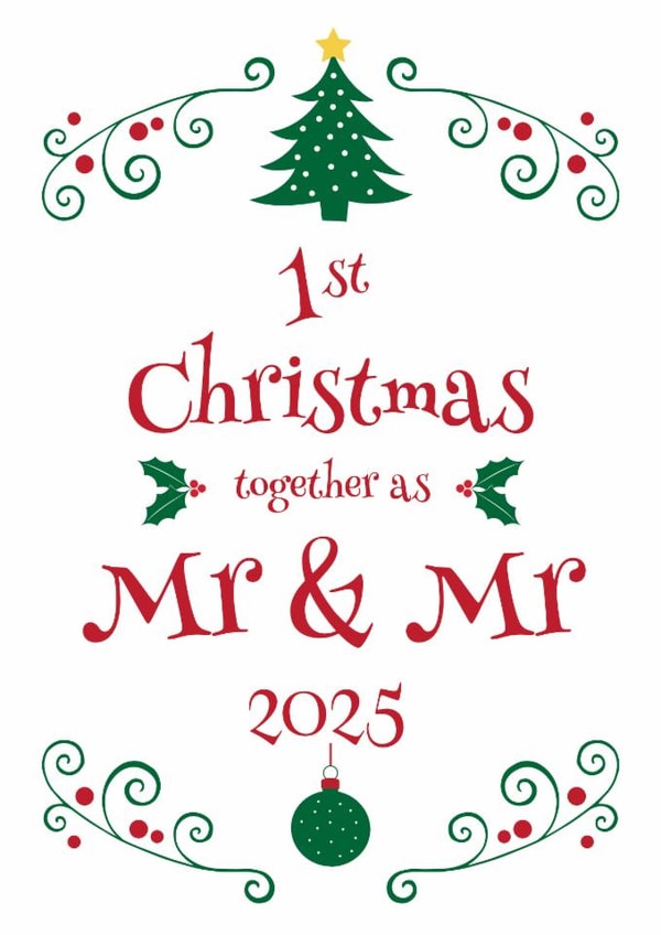 First Christmas married card for husband, same sex gay couple, Mr and Mr 2025 created by Hello Fridays Studio