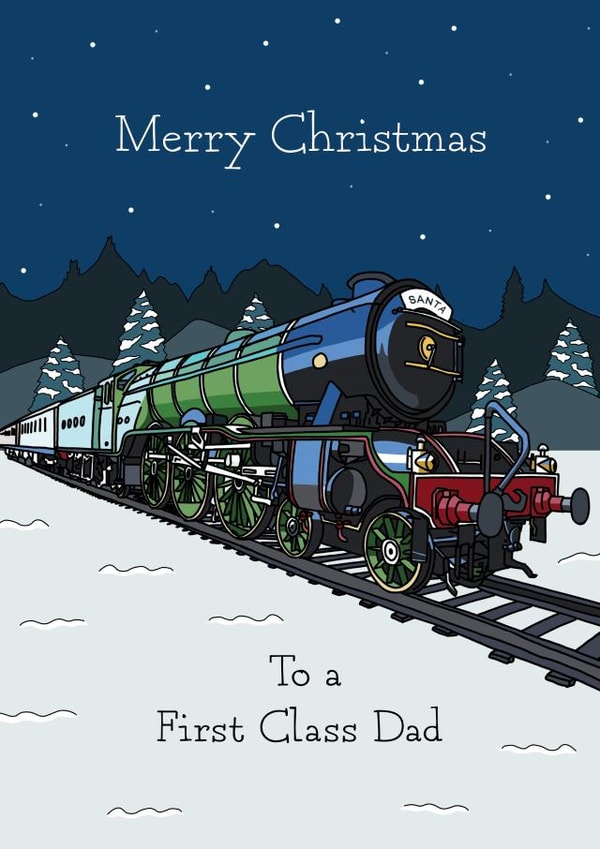 Flying Scotsman steam train Christmas card for a first class Dad created by Evie Garnett Designs