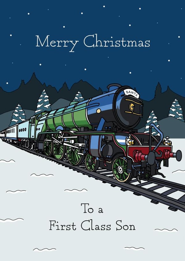 Flying Scotsman steam train Christmas card for a first class Son created by Evie Garnett Designs