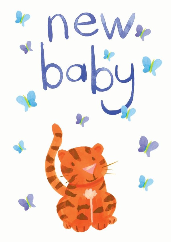 Gender neutral non traditional new baby card with cute baby tiger created by Jo Brown