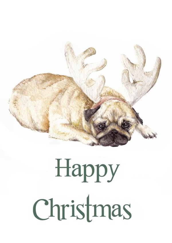 Happy Christmas Pug Dog Antler Illustration Card created by Wandering Laur