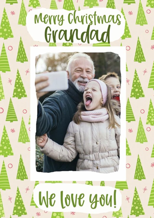 Cute Personalised Christmas Photo Card - Christmas Trees - Merry Christmas Grandad We Love You created by Giddy Kipper