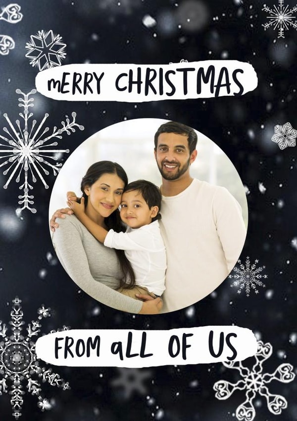Cute Snowflake Personalised Christmas Photo Card - Merry Christmas From All Of Us created by Giddy Kipper