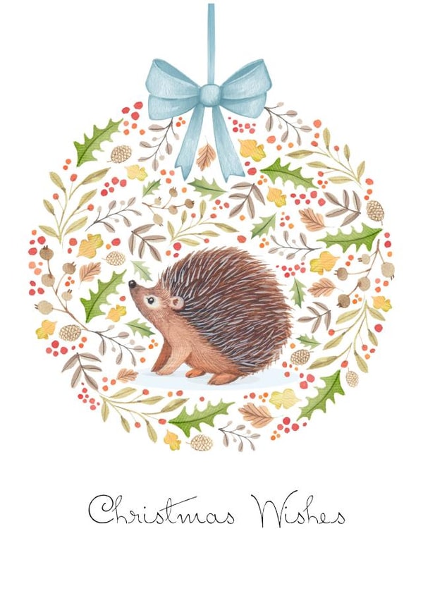 Adorable - Traditional - Hedgehog - Festive Bauble - Christmas Wishes - Pretty - Bow - Animal - Christmas Card created by Victoria Nelson