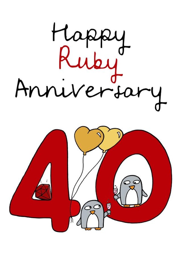 Cute Ruby Anniversary Card - 40 Years - Penguins - Happy Ruby Anniversary created by Penguin Parade