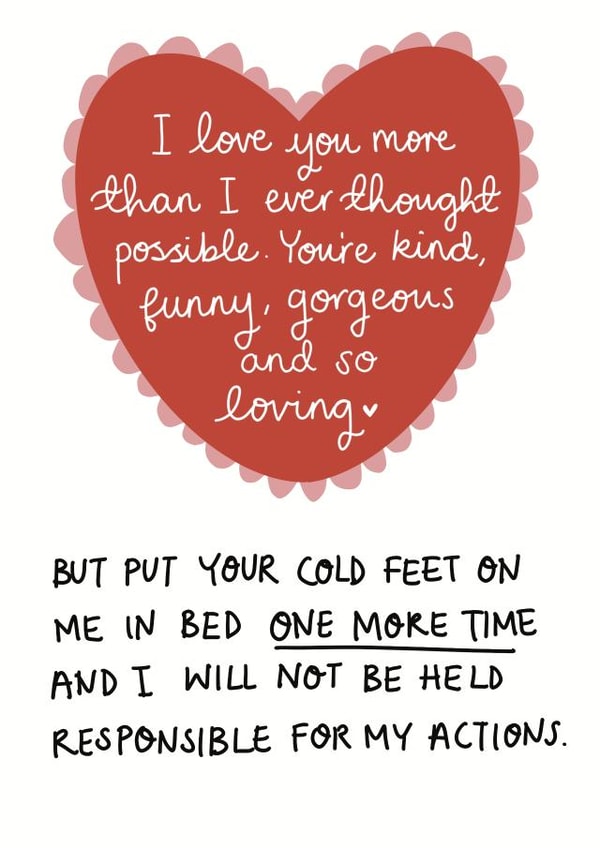 Funny Valentines Day Card - Cold Feet - I Love You Than I Ever Thought Possible created by Rosie Johnson Illustrates