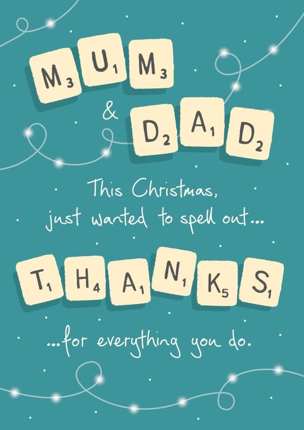 Scrabble - Board Games - Traditional - Mum and Dad - Mum - Dad - Thanks - Spelling - Grateful - Cute - Christmas Card created by NEEDL designs