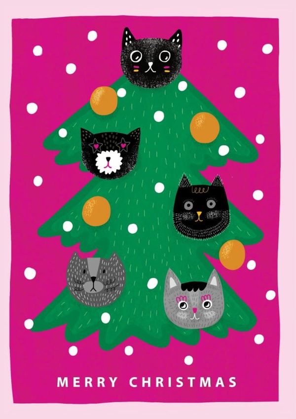 Funny cats faces on a Christmas tree. Merry Xmas card created by @Doodle Bunny