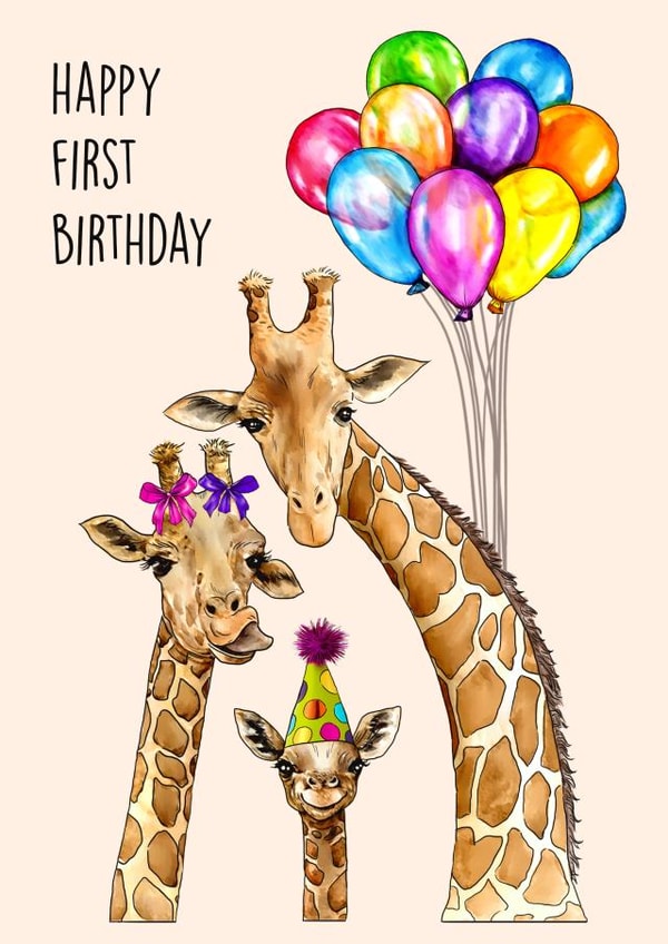 Giraffe family 1st birthday card created by Poppy & Mabel