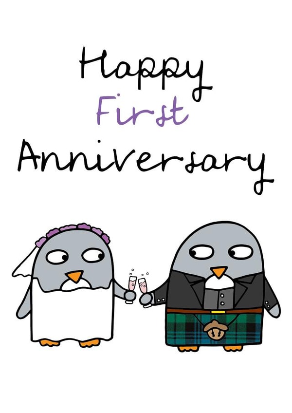 Cute Penguin Bride And Groom Anniversary Card - 1 Year - Happy First Anniversary created by Penguin Parade
