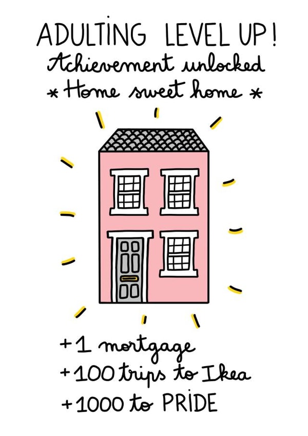 Funny Adulting Level Up New Home Card - Achievement Unlocked Home Sweet Home created by FROGGIE & ROSBIF