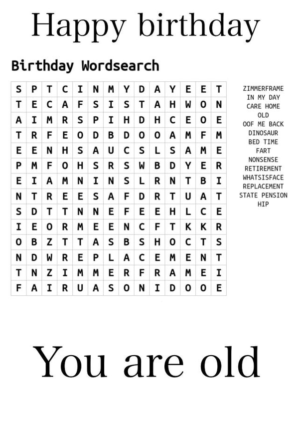 crossword wordsearch Birthday Card 46654 created by Tom Learoyd