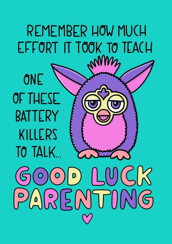 Funny new baby Furby card created by Katie Ruby Illustration