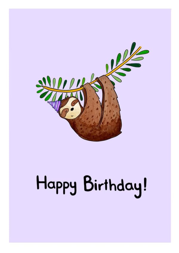 Sloth in party hat Birthday card created by Meg Lillicrap Studio