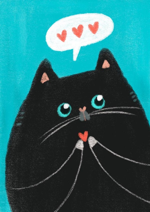 Cat with a heart talking about love card created by Juliana Motzko