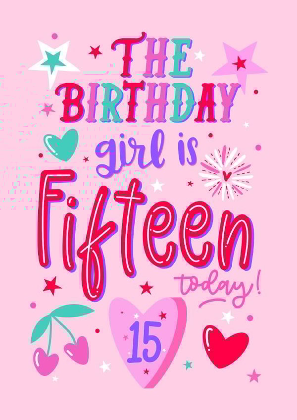 15th Birthday Girl - female for her - pretty cute cherry pink card created by Little Cat Creates