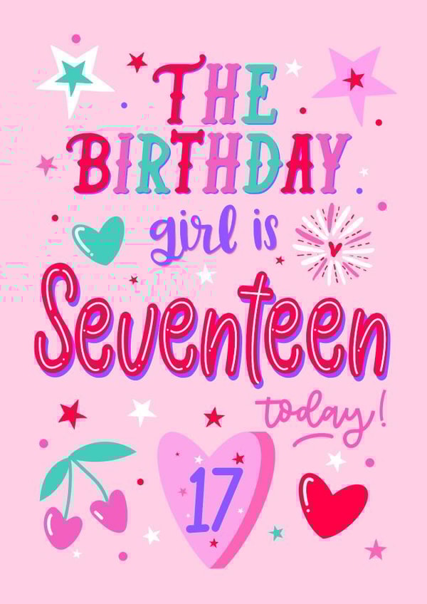 17th Birthday Girl - female for her - pretty cute cherry lilac card created by Little Cat Creates