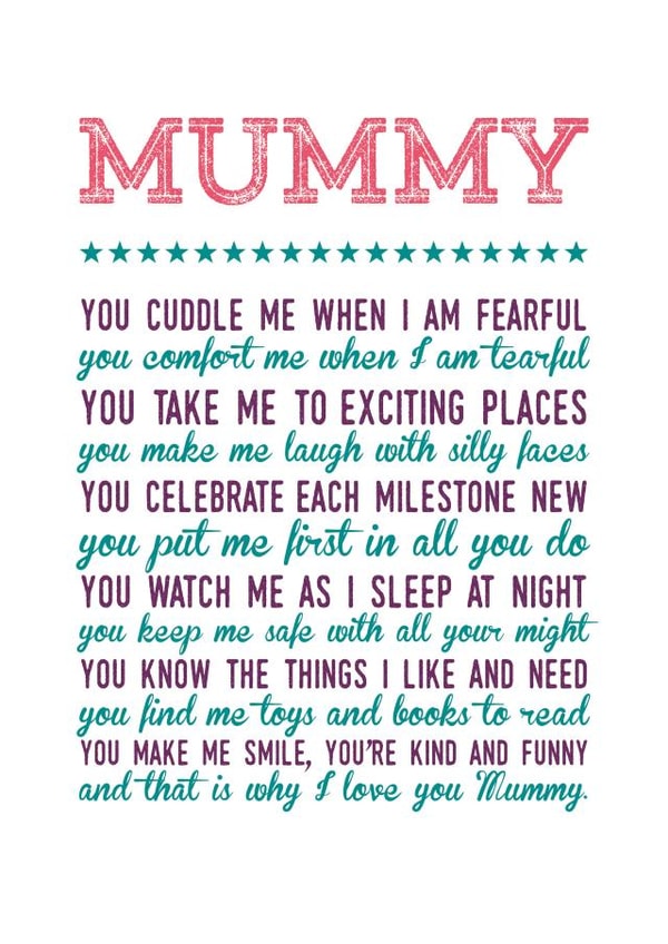 Cute Mothers Day Card - Mummy - Poem created by Joanna Miller