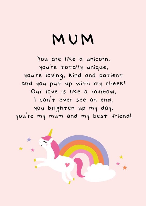 Heartfelt Mothers Day Card - Mum - Unicorn - Mum You Are Like A Unicorn You're Totally Unique created by Fifi Designs