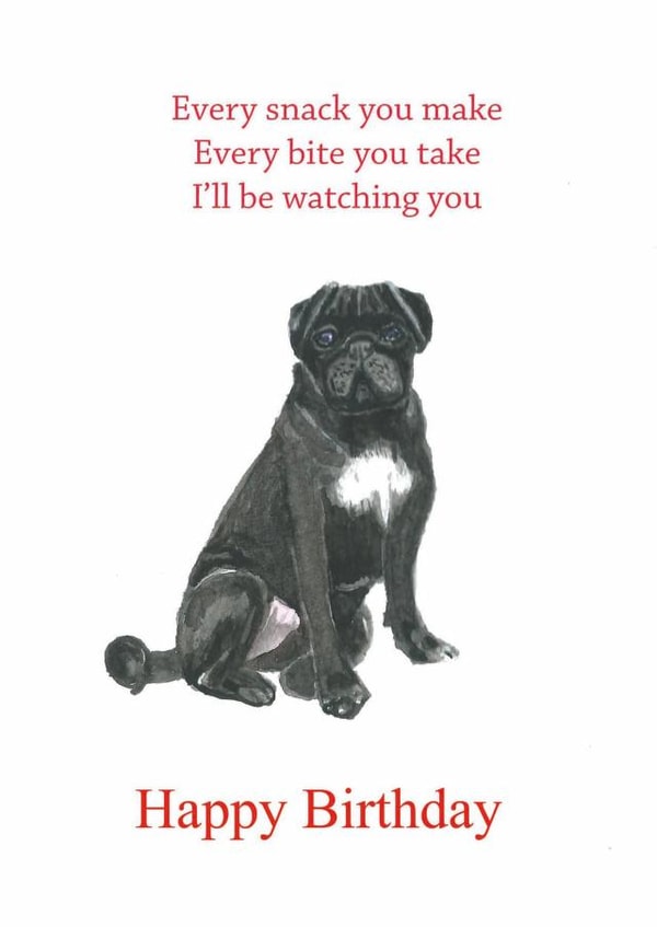 Cute and funny birthday card with an sweet pug for the pug lover in your life created by Sarah Maddox