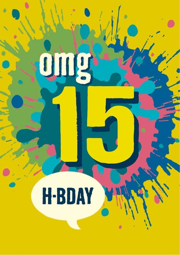 Colourful 15th birthday card for teenage boys and girls created by The Typecast Gallery
