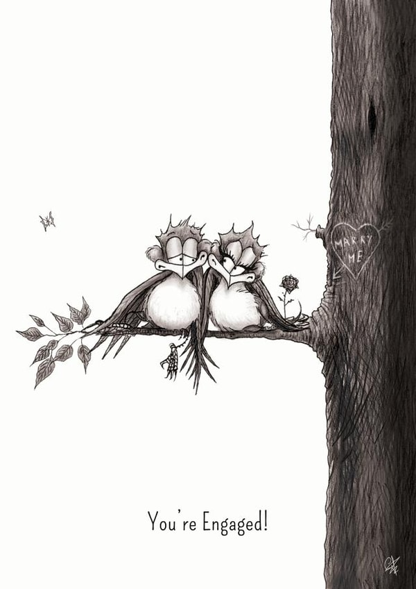 You're engaged - Cute illustrated bird themed engagement card created by Catherine Flynn