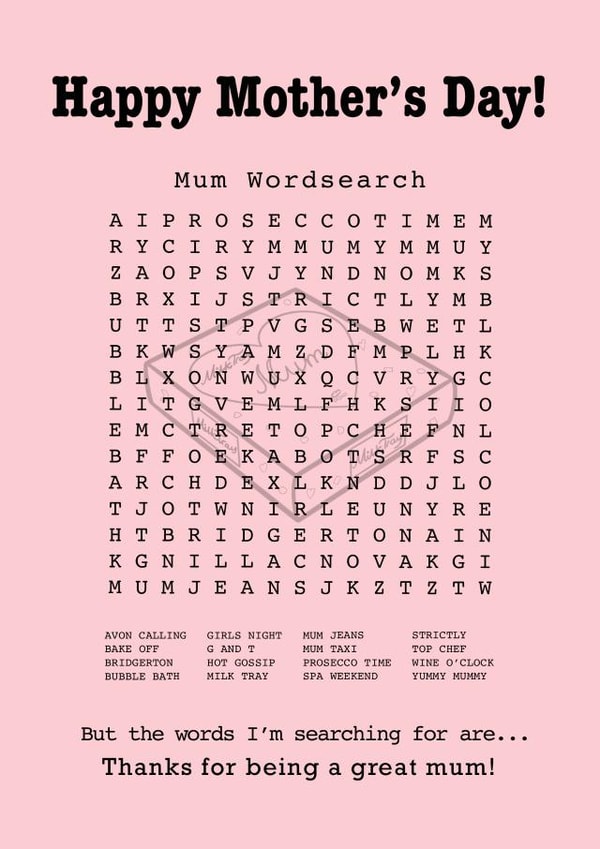 Mother’s Day Mum Wordsearch Card created by Funnilyenough