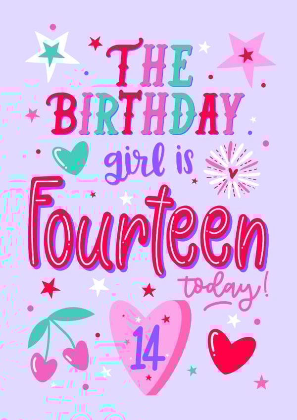  14th Birthday Girl - female for her - pretty cute cherry lilac card created by Little Cat Creates